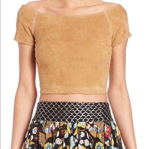 Alice + Olivia Gracelyn Off-the-Shoulder Suede Crop Top